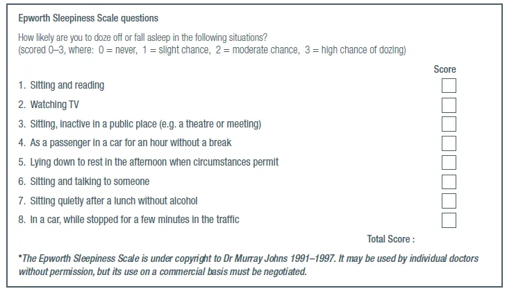 Epworth Sleepiness Scale questions How likely are you to doze off or fall asleep in the following situations? (scored 0—3, mere: 0 = never, 1 = slight cnance, moderate cnance, 3 = mgn chance ot dozing) . Sitting and reading 2. Watching TV 3. Sitting, inactive in a public place (e.g. a theatre or meeting) 4. As a passenger In a car tor an nour without a break 5. Lying down to rest In the attemoon when circumstances permit 6. Sitting and talking to someone 7. Sitting quietly after a lunch without alcohol 8. In a car, while stopped tor a tew minutes in the trattlc Score Total Score : •The Epworth Yæpiness is und« copynmt to Dr MumayJd1ns 1991—1997. It my be used by individud doctors without permission, but its use on a commercial must be negotiated.