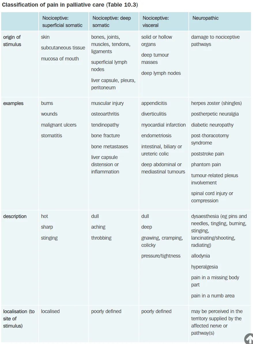 Classification of pain in palliative care by origin of stimulus, description, and localisation
