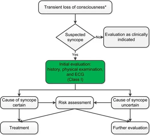 Syncope evaluation flowchart — initial evaluation (history, exam, ECG) leads to either a certain cause and treatment, or an uncertain cause needing risk assessment and further evaluation