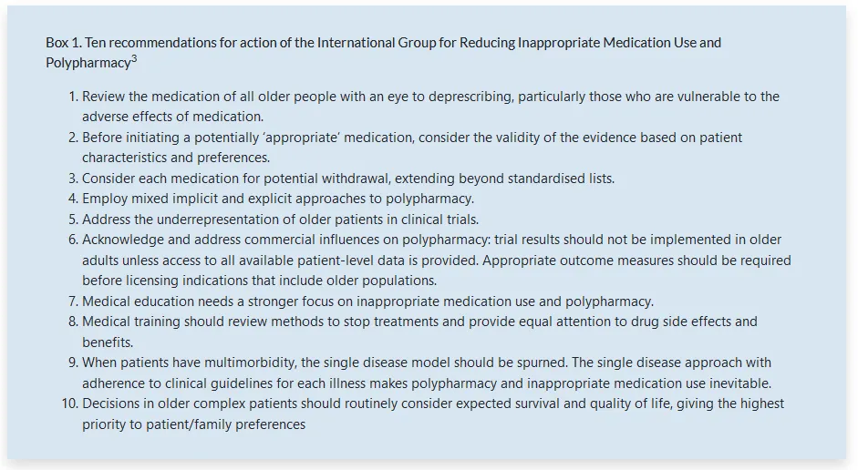 Box 1. Ten recommendations for action of the International Group for Reducing Inappropriate Medication Use and Poly pharmacy' 1. Review the medication of all older people with an eye to deprescribing, particularly those who are vulnerable to the adverse effects of medication. 2. Before initiating a potentially 'appropriate' medication, consider the validity of the evidence based on patient characteristics and preferences. 3. Consider each medication for potential withdrawal, extending beyond standardised lists. 4. Employ mixed implicit and explicit approaches to polypharmacy. 5. Address the underrepresentation of older patients in clinical trials. 6. Acknowledge and address commercial influences on polypharmacy: trial results should not be implemented in older adults unless access to all available patient-level data is provided. Appropriate outcome measures should be required before licensing indications that include older populations. 7. Medical education needs a stronger focus on inappropriate medication use and polypharmacy. 8. Medical training should review methods to stop treatments and provide equal attention to drug side effects and benefits. 9. When patients have multimorbidity, the single disease model should be spurned. The single disease approach with adherence to clinical guidelines for each illness makes polypharmacy and inappropriate medication use inevitable. 10. Decisions in older complex patients should routinely consider expected survival and quality of life, giving the highest priority to patient/family preferences